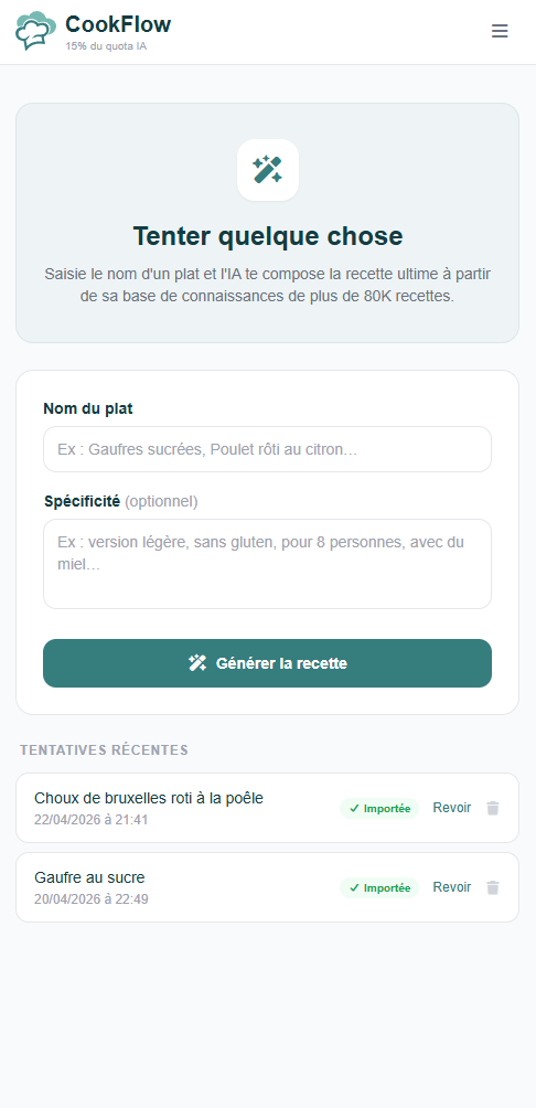Création de recette par IA CookFlow